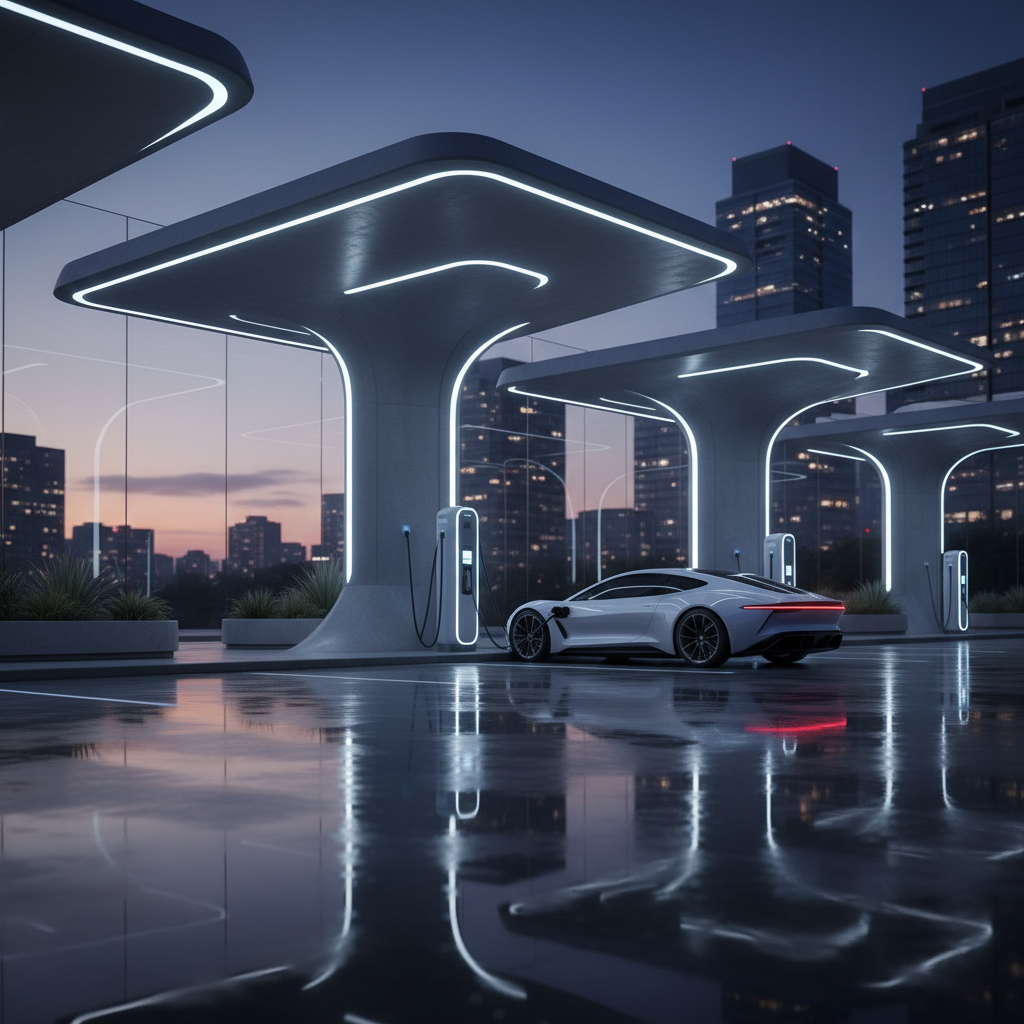 EV fast charging station at dusk in Doha with a sleek electric car